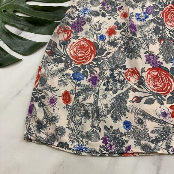 Modcloth Retro High Neck Blouse Top Size M Gray Red Floral Cap Sleeve Ruffle - Picture 10 of 10